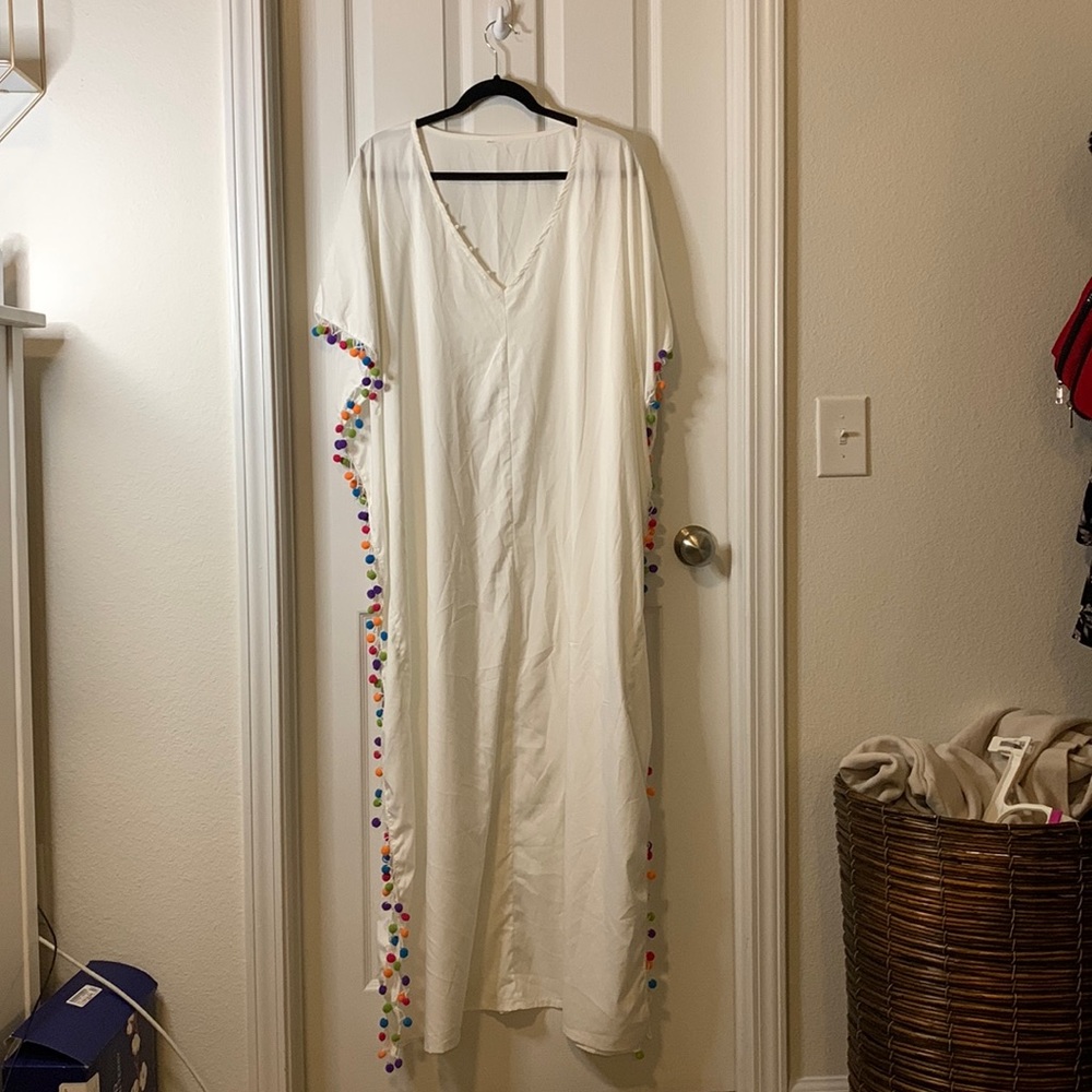 White caftan with multi color Pom poms
